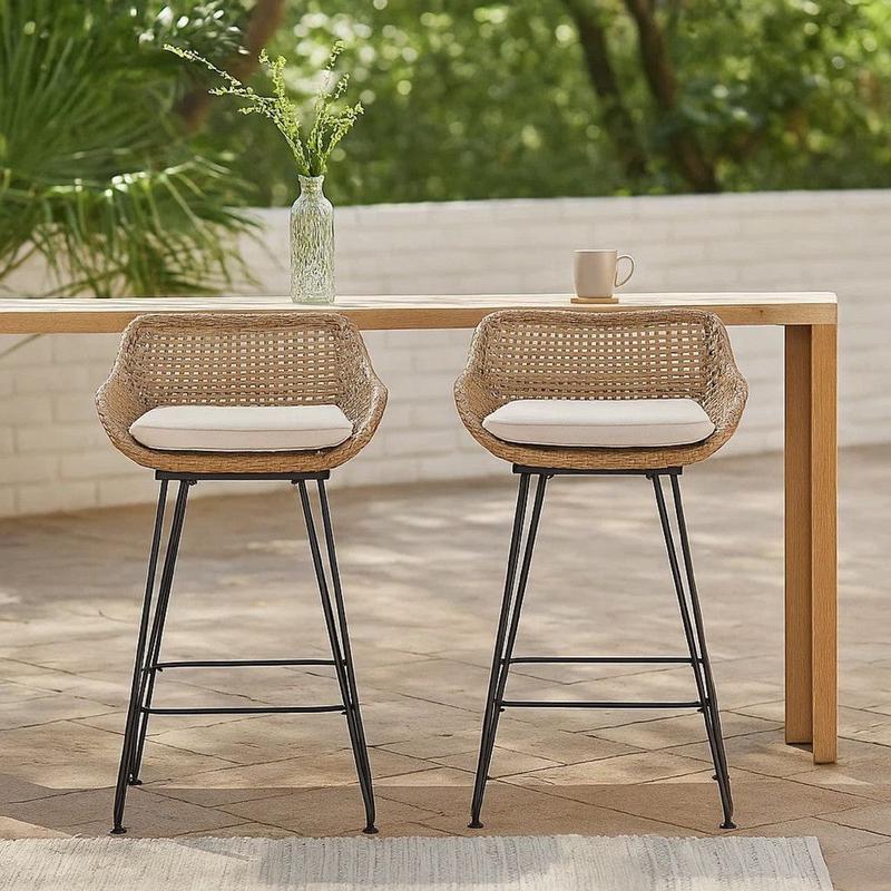 Outdoor Barstool Chair Set of 2 | Beige Fabric | Brown Rattan | Black