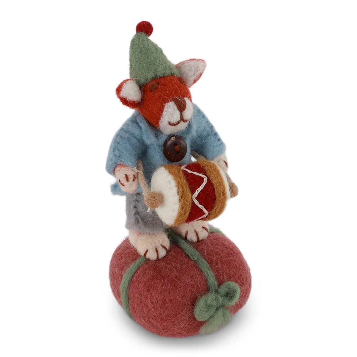 Gry & Sif Small Boy Fox W/Drum On Present - 14.5cm