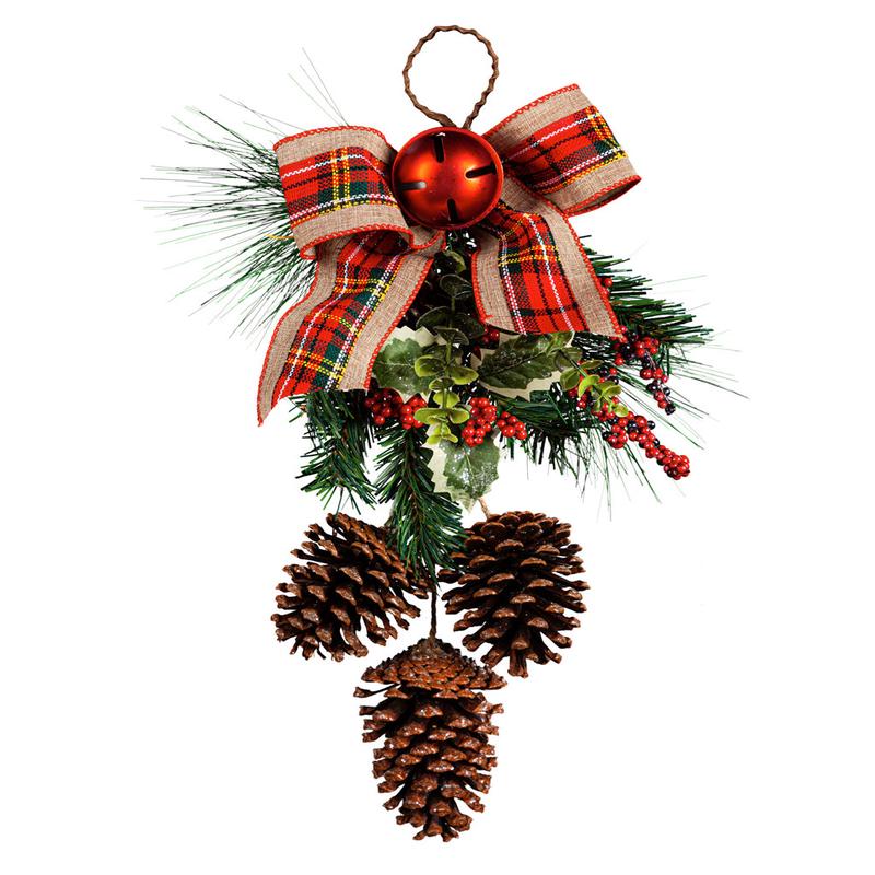 Evergreen 14" Pinecone And Berry Hanging Wall Dcor With Plaid Bow