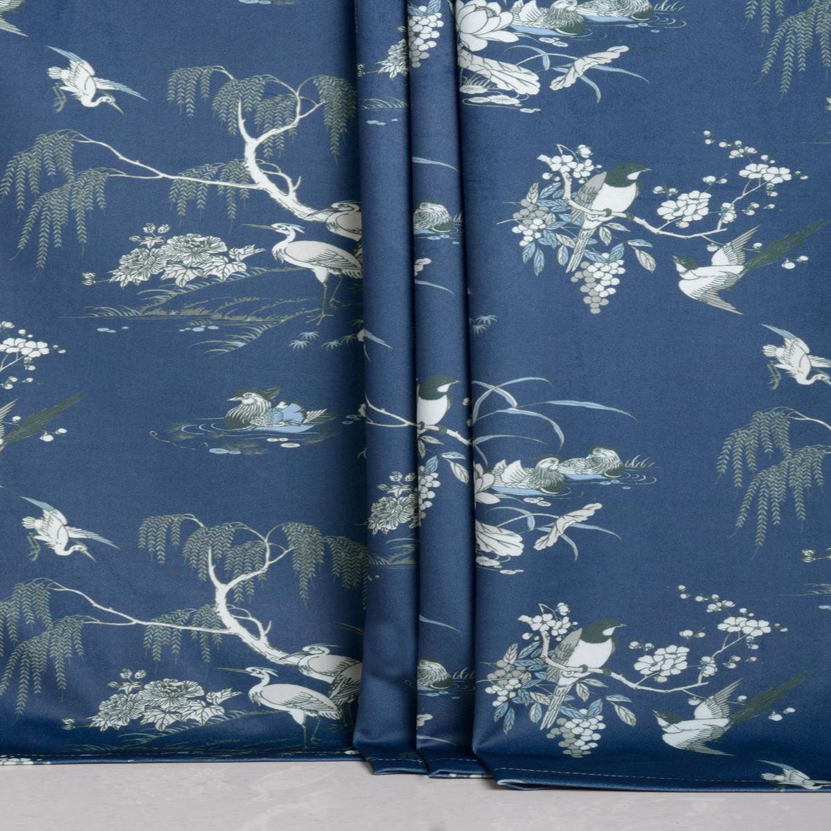 'Deep Aqua' Chinoiserie Toile Velvet Made-to-Measure Shades (Navy Blue)
